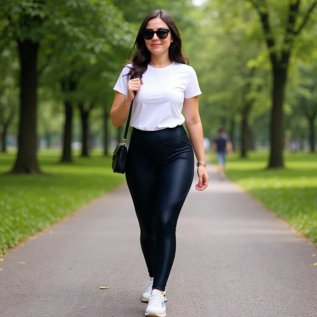 Mulher caminhando em um parque com legging preta, camiseta branca, óculos de sol e tênis brancos, exibindo um look casual e confortável para o dia a dia.