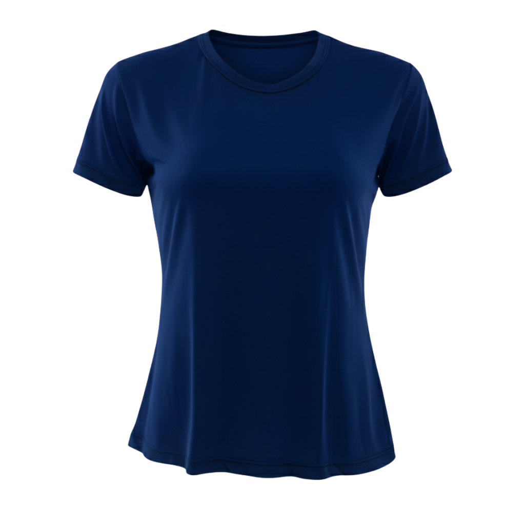 Camiseta feminina fitness premium azul-marinho, modelo básico com gola redonda e mangas curtas, ideal para treinos e uso casual. Conforto e estilo para seu athleisure.