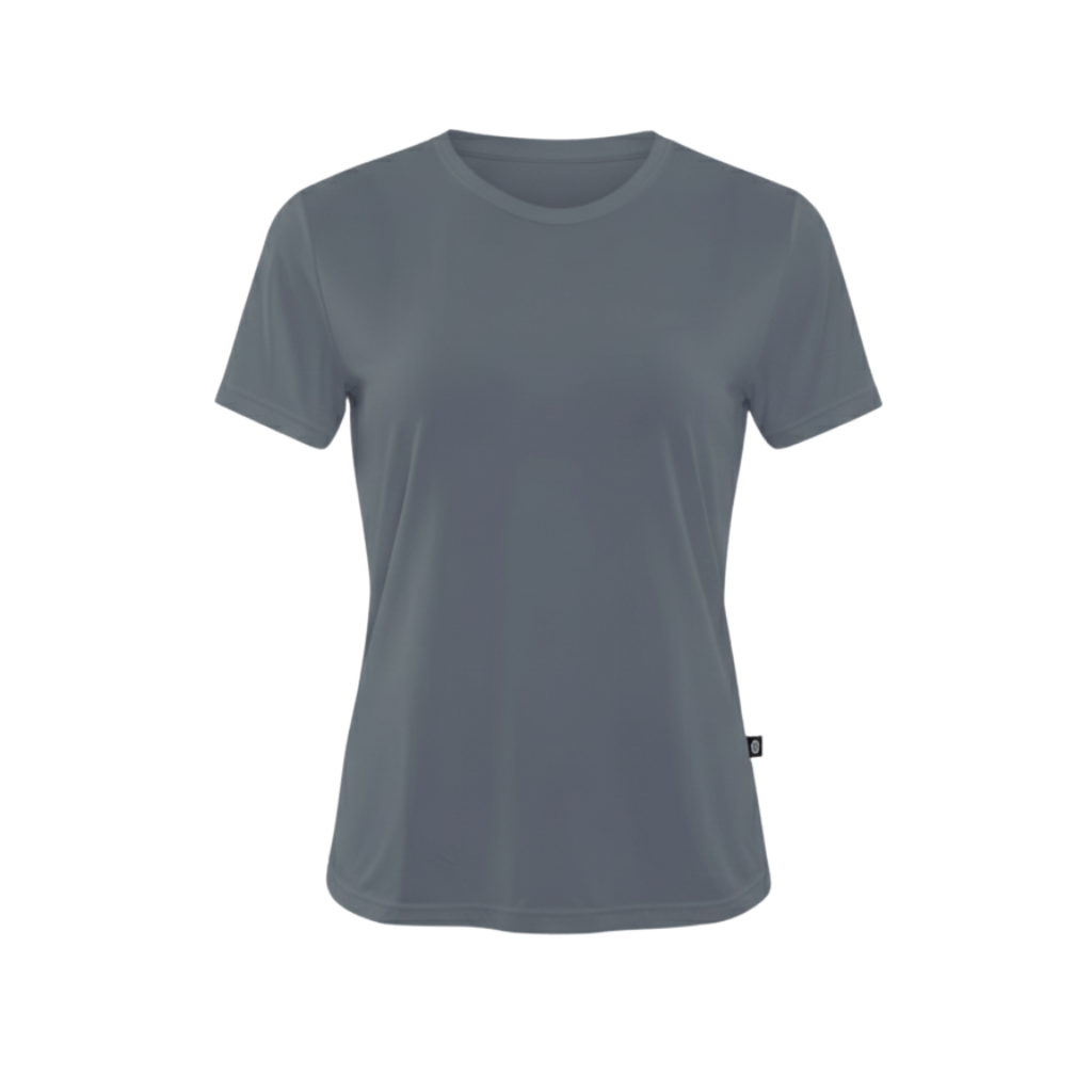 Camiseta feminina fitness premium grafite, versátil e moderna, com gola redonda e caimento confortável. Ideal para academia, pilates e lifestyle ativo.