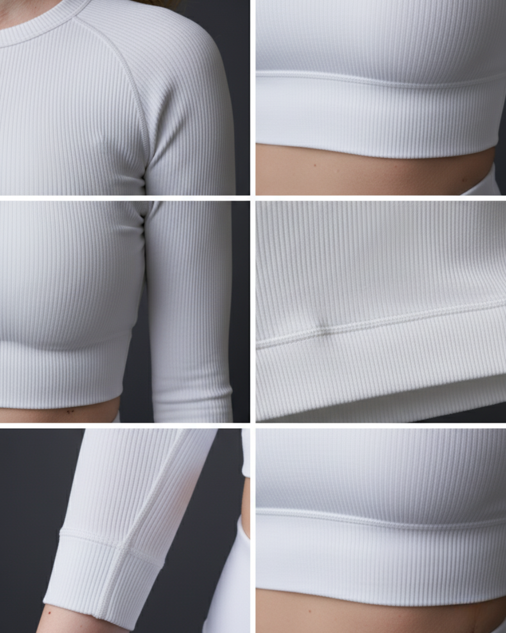 Montagem de close-ups detalhando a textura canelada, costuras e acabamento do top cropped de manga longa branco. Foco no tecido e na qualidade da peça de roupa esportiva ou casual. Detalhes de moda fitness e conforto.