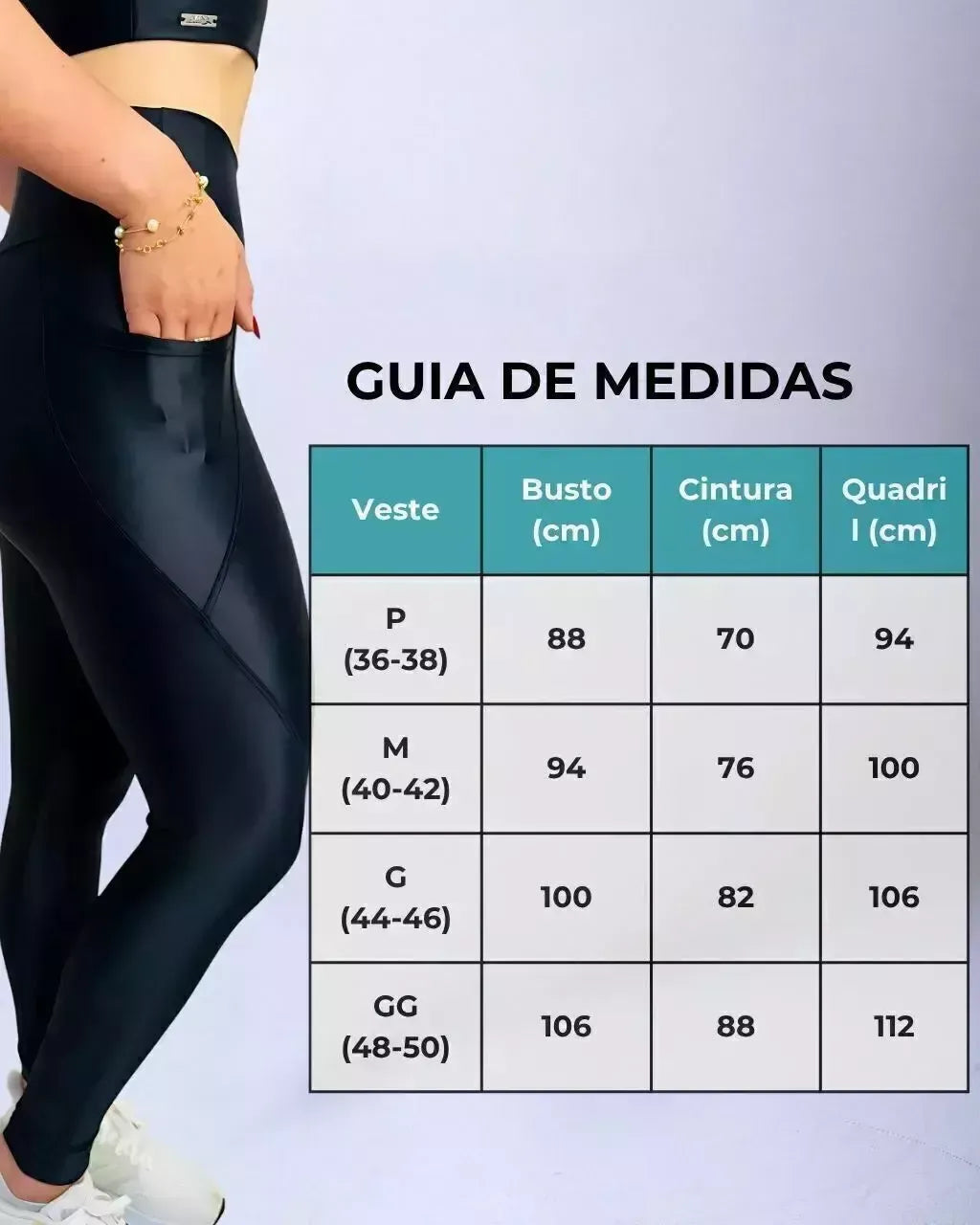 Mulher usando legging preta da coleção Elite Wear com tabela de medidas ao lado, destacando tamanhos P (36-38), M (40-42), G (44-46) e GG (48-50) com busto, cintura e quadril em centímetros.