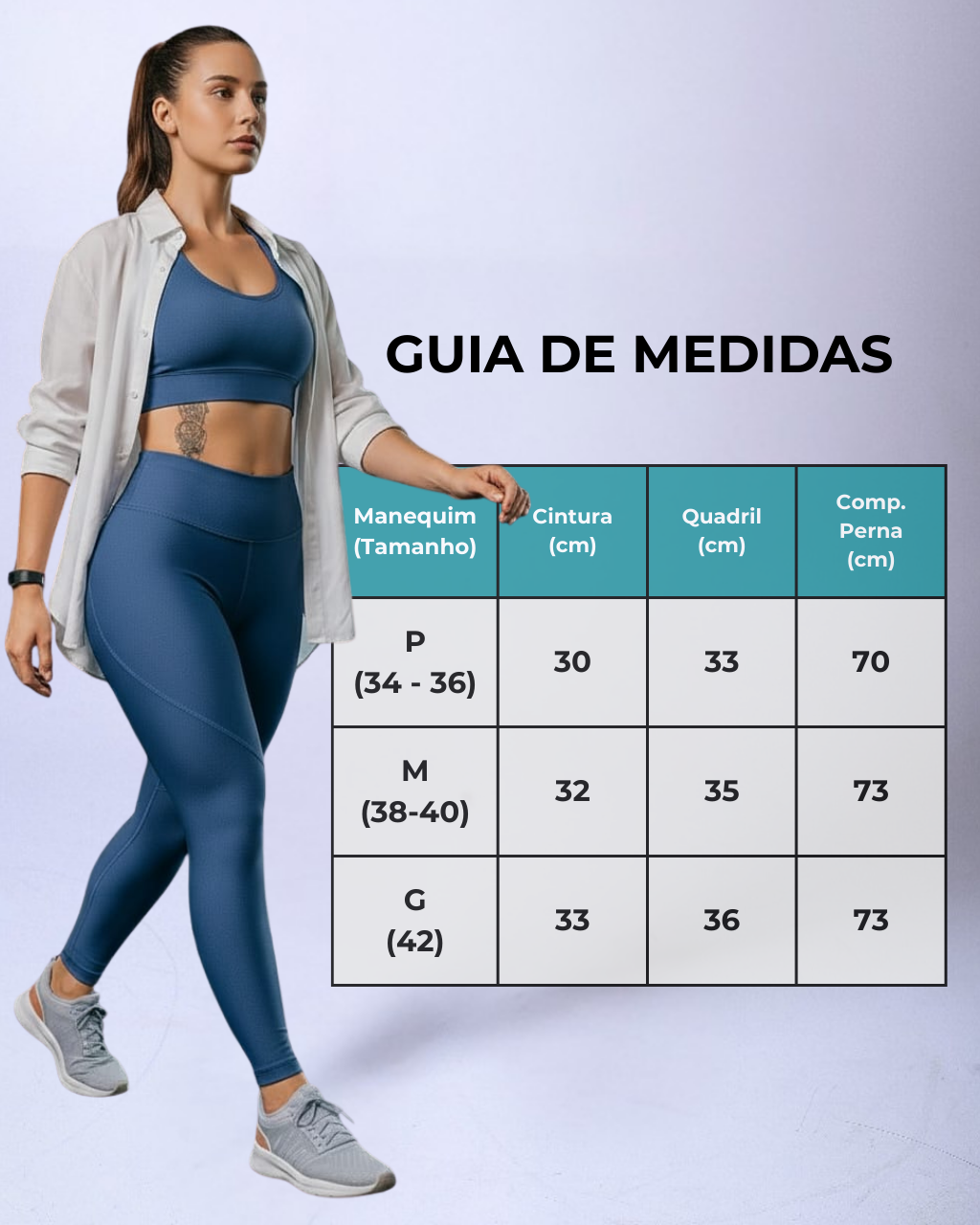 Mulher caminhando, usando conjunto fitness azul com legging de cintura alta e top combinando, sobreposto por camisa branca aberta. Ao lado, tabela de medidas com tamanhos P, M e G, mostrando equivalência em manequim, cintura, quadril e comprimento da perna.