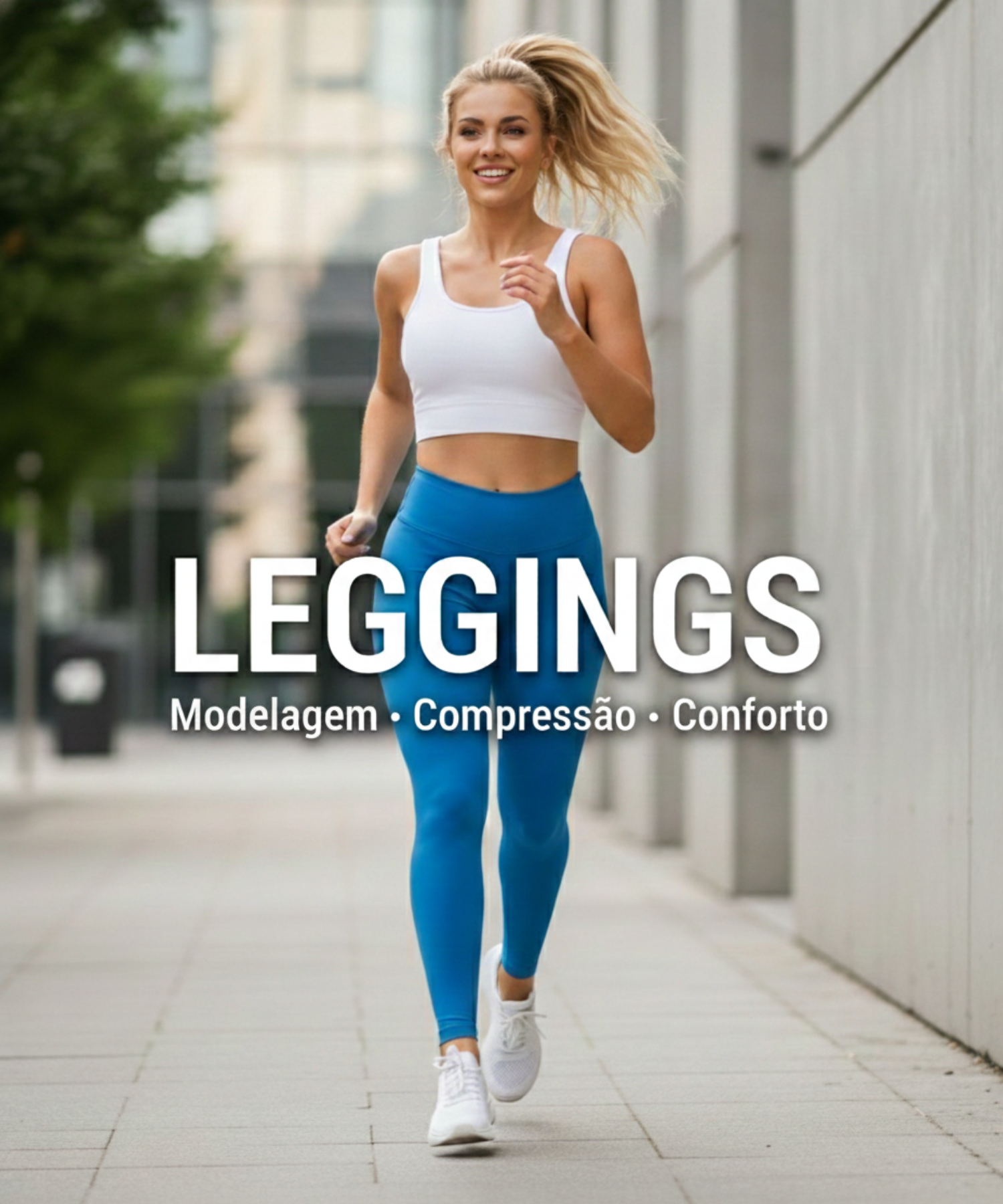 Mulher loira correndo com legging azul de cintura alta, representando modelagem anatômica, compressão e conforto.