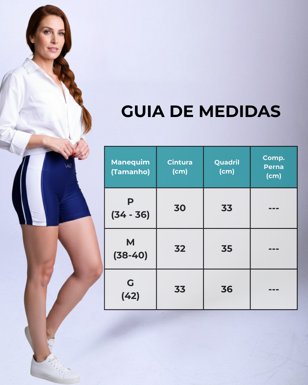 Tabela de medidas do Short Urban Flow da Lojas Dourado com tamanhos P, M e G, acompanhada de modelo vestindo o produto azul-marinho com detalhes brancos. Imagem destaca caimento, estilo e proporção real do tecido canelado premium.