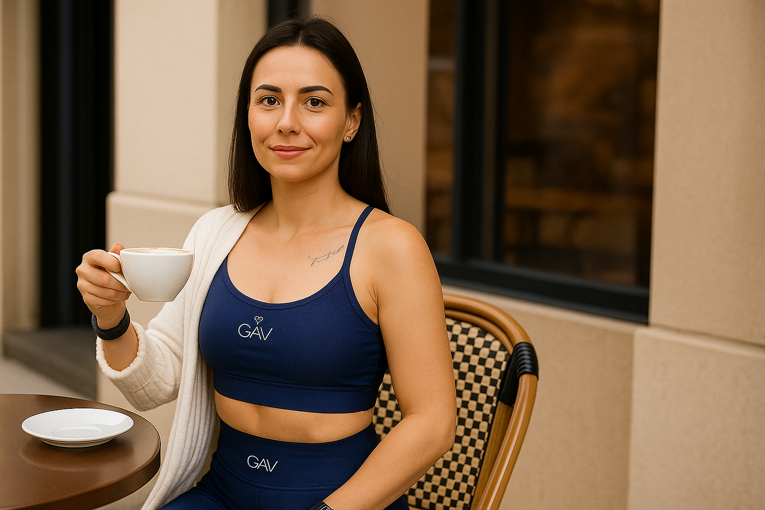 Mulher em uma cafeteria vestindo um top esportivo azul da marca GAV com um cardigan branco, mostrando a versatilidade da moda fitness para o dia a dia.