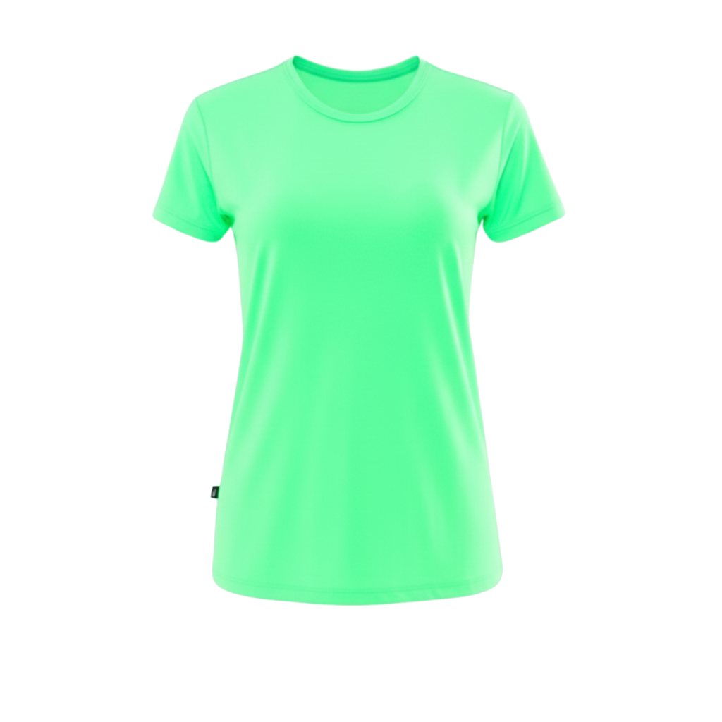 Mockup de camiseta Baby Look Dry Fit feminina na cor verde neon vibrante. Ideal para looks de treino modernos e cheio de energia, com tecido respirável e tecnologia Dry Fit.