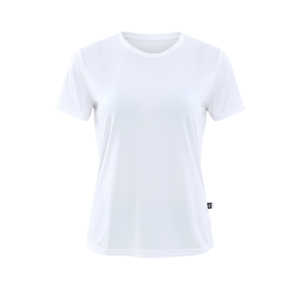 Camiseta feminina fitness premium branca, design clássico com gola redonda, perfeita para exercícios e compor looks urbanos. Tecido de alta qualidade para performance.