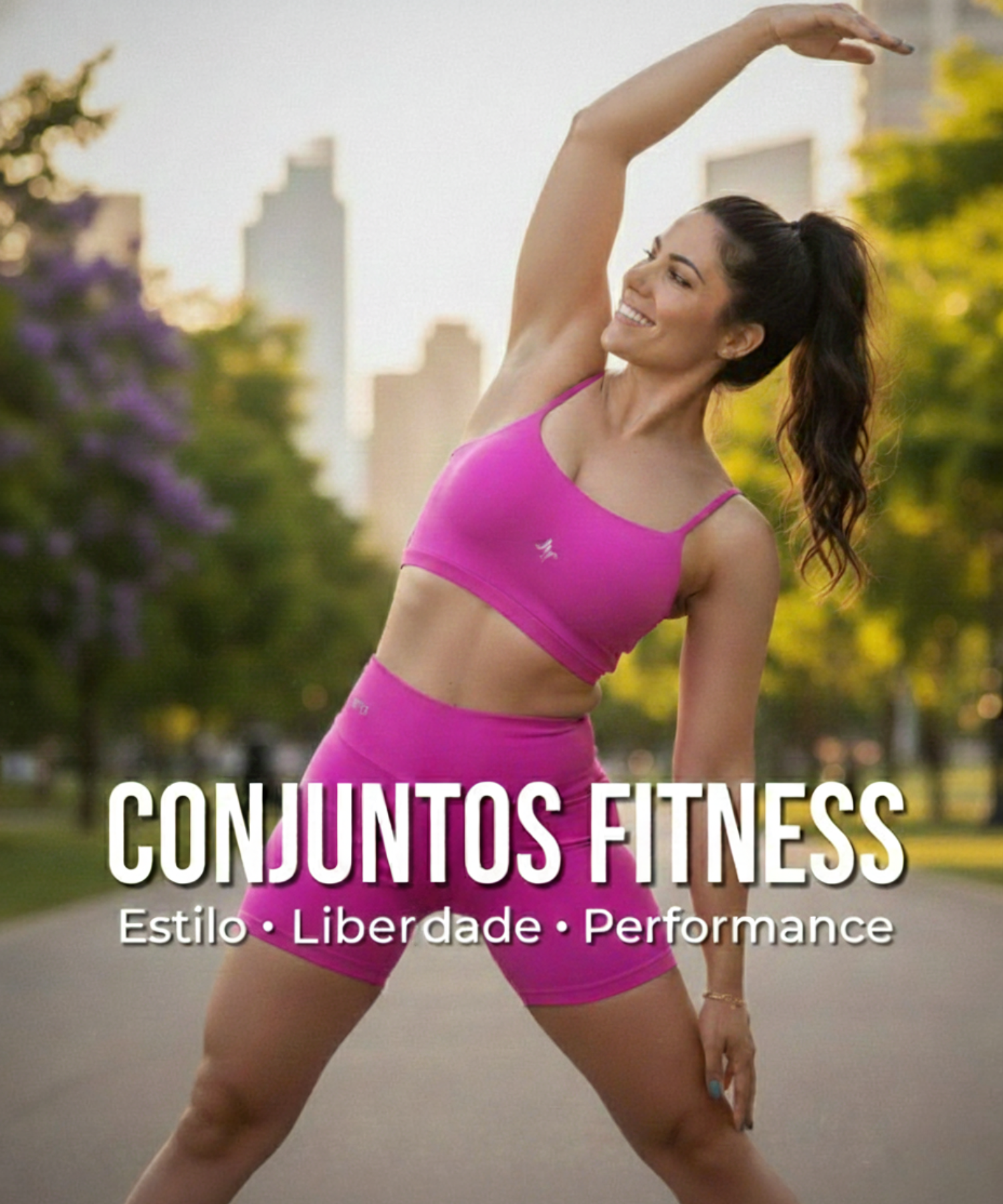 Mulher praticando alongamento em parque, usando conjunto fitness rosa vibrante, transmitindo estilo, liberdade e performance.