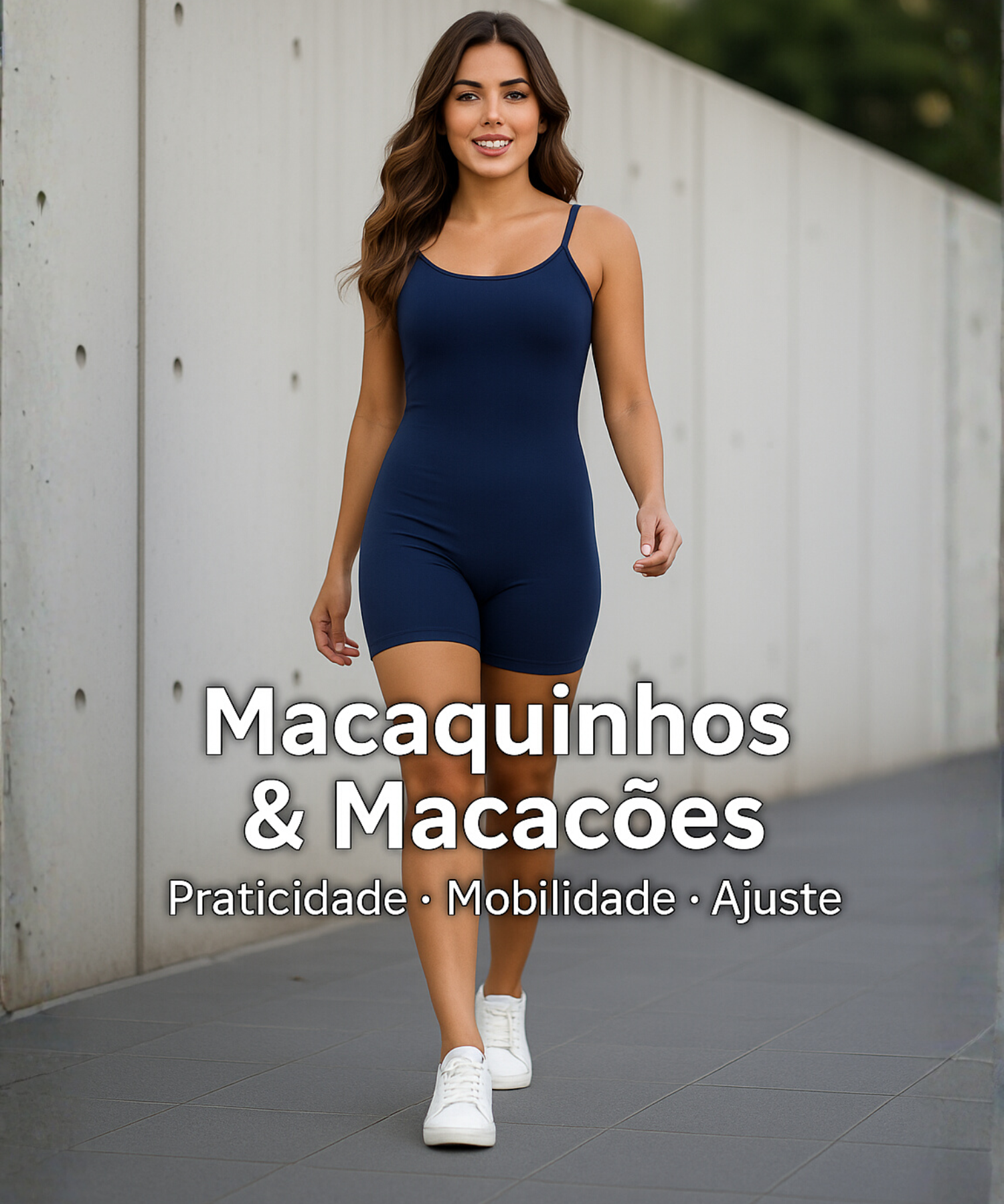 Mulher caminhando com macaquinho azul marinho justo, ideal para quem busca praticidade, ajuste e liberdade de movimento.