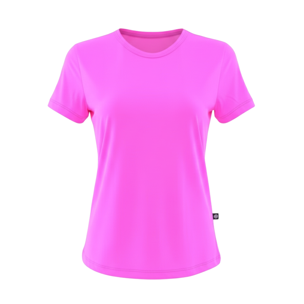 Mockup de camiseta Baby Look Dry Fit feminina na cor rosa neon intenso. Estilo e funcionalidade para treinos, evidenciando o design e a qualidade do tecido de secagem rápida e proteção UVv.